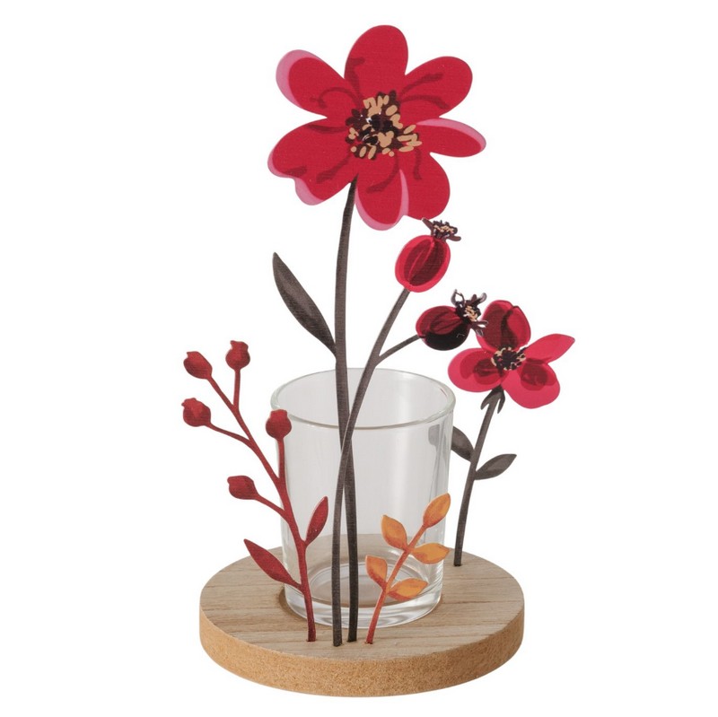 Portacandele in vetro con rosa canina in metallo su base di legno in 2 varianti assortite, perfetto come decoro autunnale